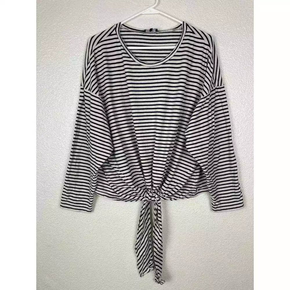 7 For All Mankind Shirt Womens Top Black Stripe Tie Hem Twist Knot